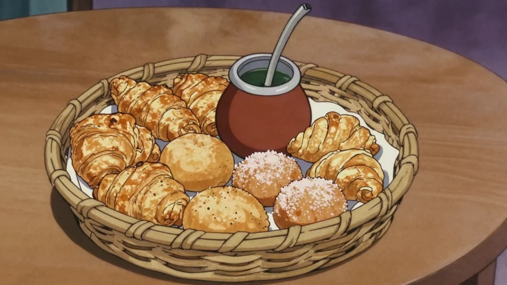 Bizcochos, assorted small lard pastries taken with morning mate, Uruguay bread & pastry, anime style