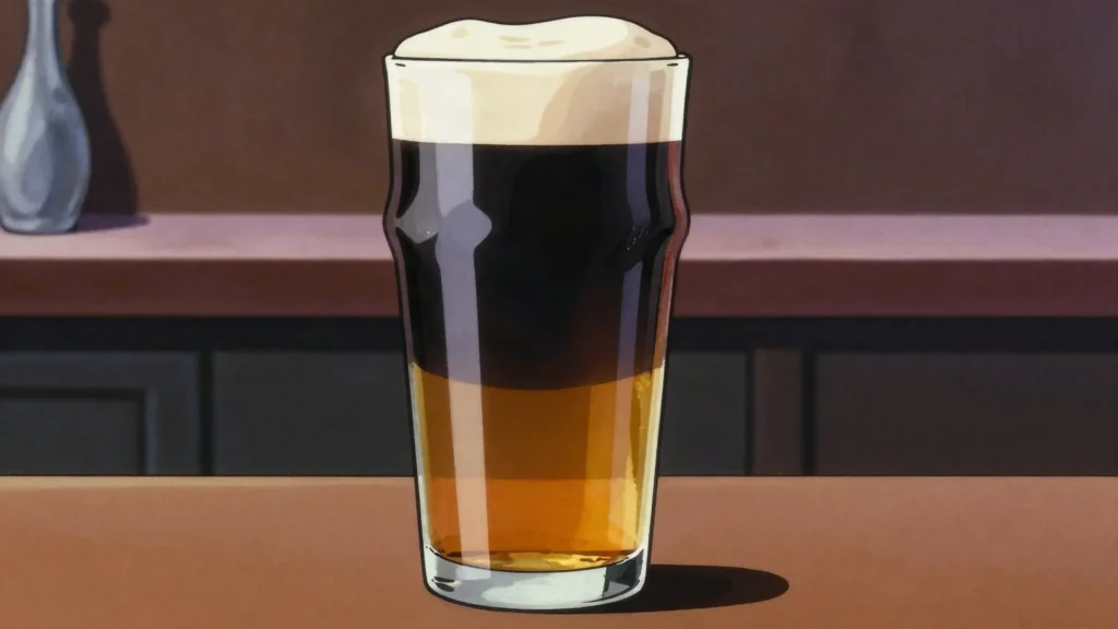 Black and Tan, pale ale layered under stout so the two stay visibly separate, Ireland cocktail, anime style