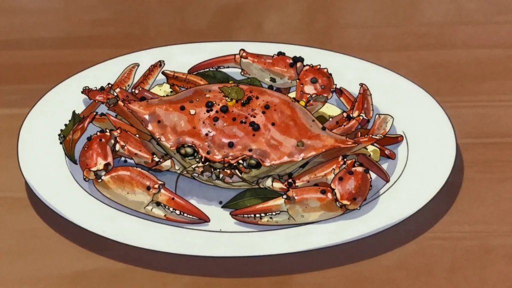 Black Pepper Crab, crab wok-tossed in coarse black pepper, butter and curry leaf, dry and, Singapore main, anime style