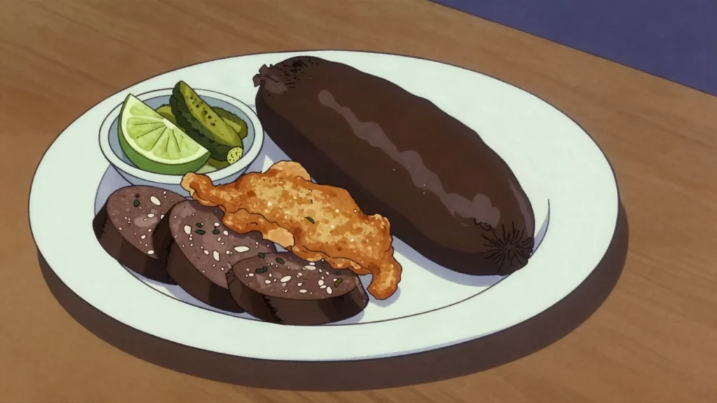 Black pudding, rice-stuffed blood sausage, weekend delicacy, Saint Kitts and Nevis snack, anime style