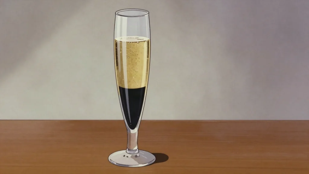Black Velvet, stout layered with champagne in a tall glass, United Kingdom cocktail, anime style
