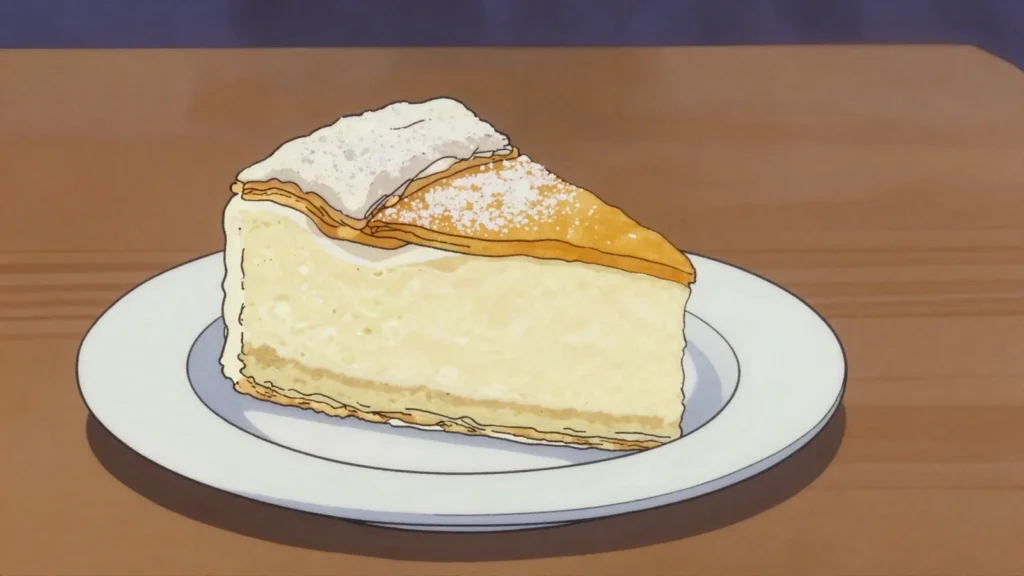Bled cream cake, vanilla custard and cream between crisp pastry, Lake Bled icon, Slovenia dessert, anime style