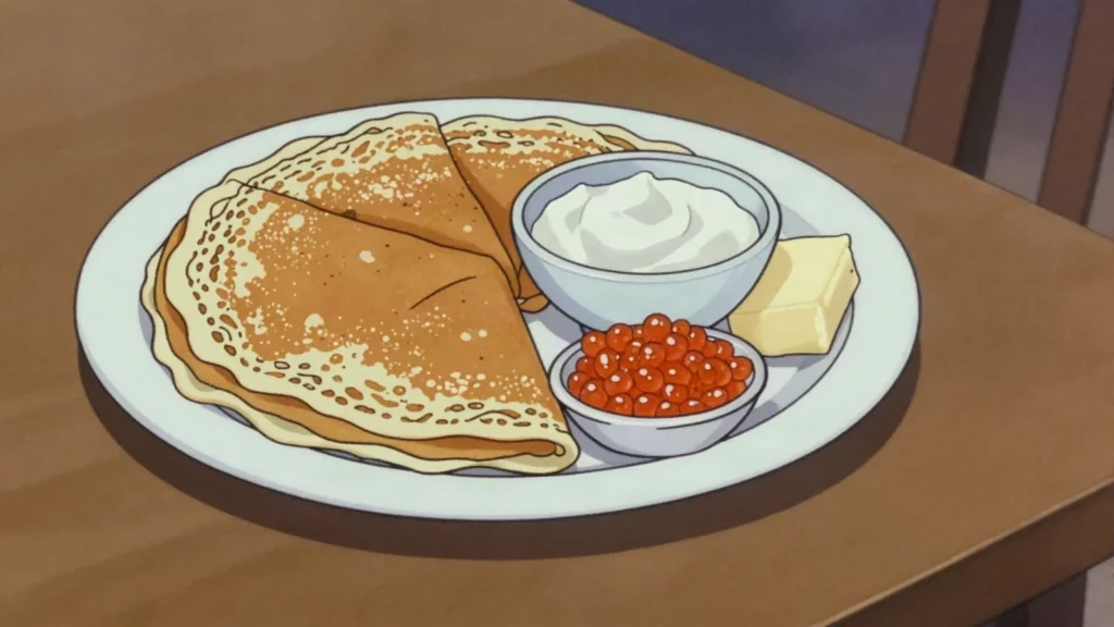 Blini, thin pancakes with butter, smetana or caviar; Maslenitsa staple, Russia breakfast, anime style