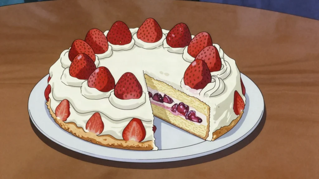 Bløtkake, layered sponge soaked in juice with cream, fruit and small flags, Norway dessert, anime style