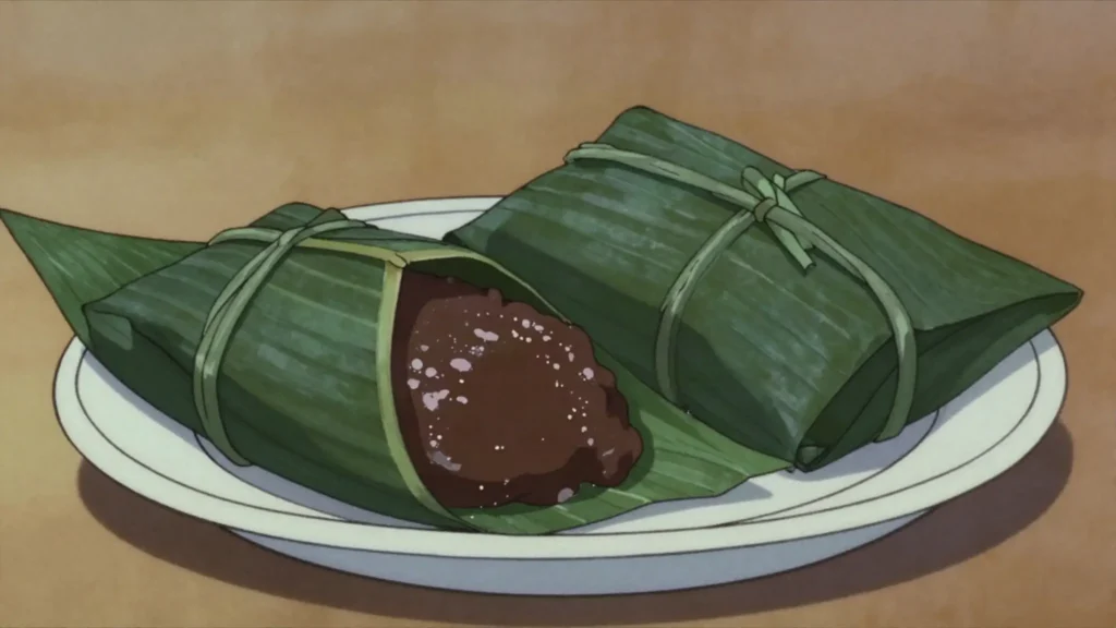 Blue drawers, sweet cornmeal and coconut pudding tied in banana leaf and boiled, Jamaica dessert, anime style