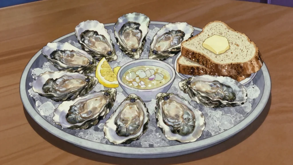 Bluff Oysters, prized cold-water oysters from Foveaux Strait, eaten raw in season, New Zealand main, anime style