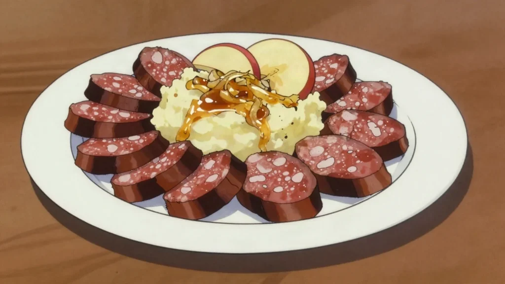 Blutwurst, blood sausage fried and eaten with apple and onion or on rye bread, Germany charcuterie & cured, anime style