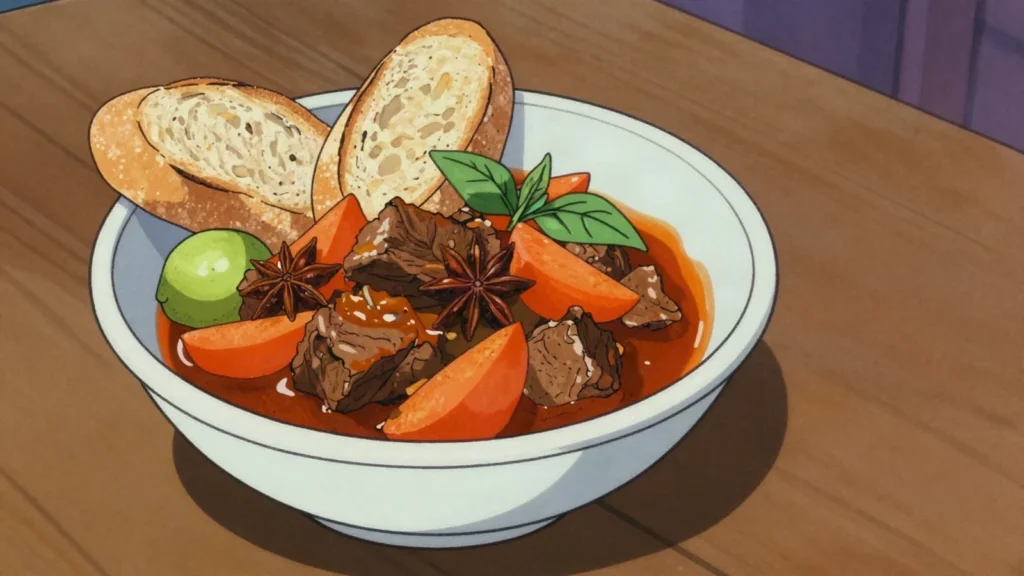 Bo Kho, lemongrass beef stew mopped up with baguette, Vietnam soup & stew, anime style