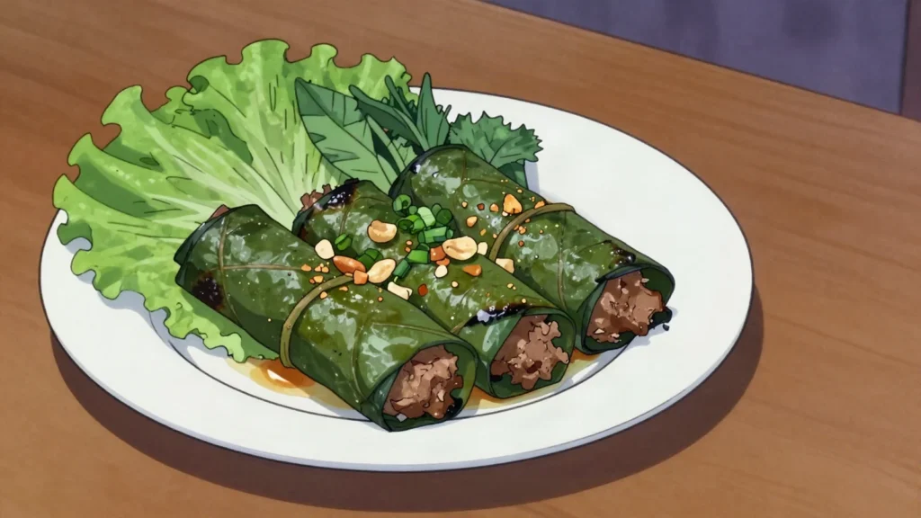 Bo La Lot, minced beef rolled in wild betel leaf and grilled until the leaf blackens, Vietnam street food, anime style