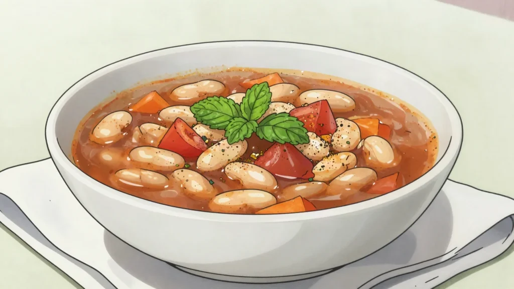 Bob chorba, monastery-style bean soup with mint and savory, Bulgaria soup & stew, anime style