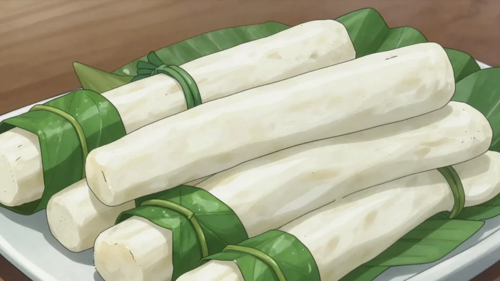 Bobolo, fermented cassava sticks wrapped in leaves, Cameroon salad & side, anime style