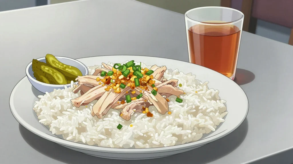Bobor, rice porridge with fried garlic, herbs and pickles, eaten before dawn, Cambodia breakfast, anime style