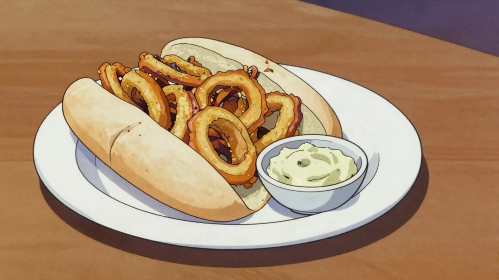 Bocadillo de calamares, fried squid rings stuffed in a baguette, Madrid classic, Spain street food, anime style
