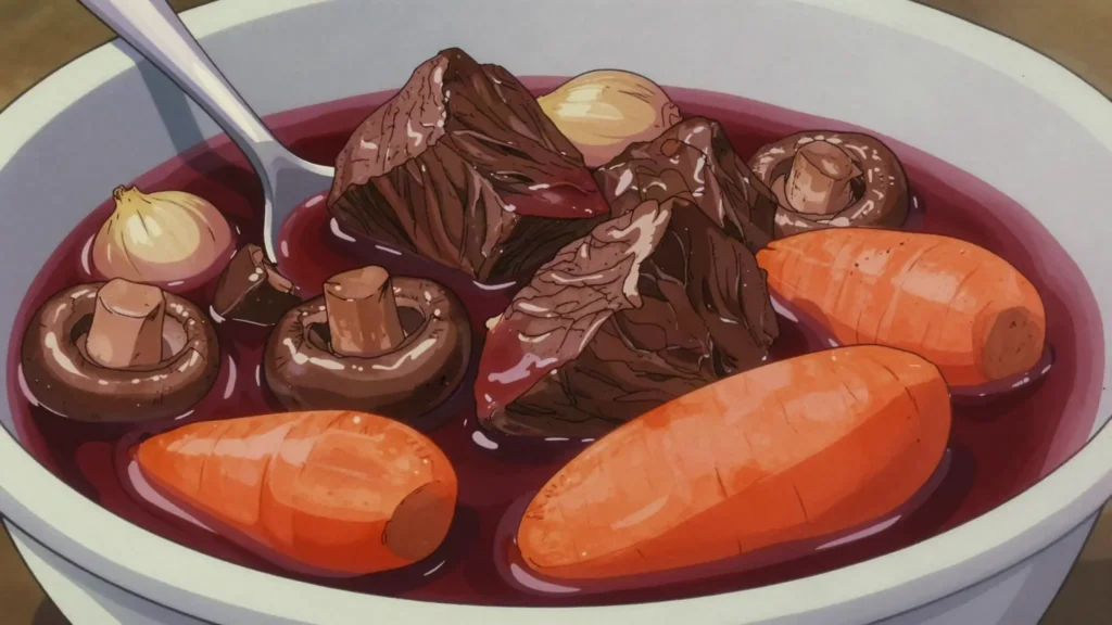 Boeuf bourguignon, beef slow-stewed in Burgundy wine with carrots and onions, France main, anime style