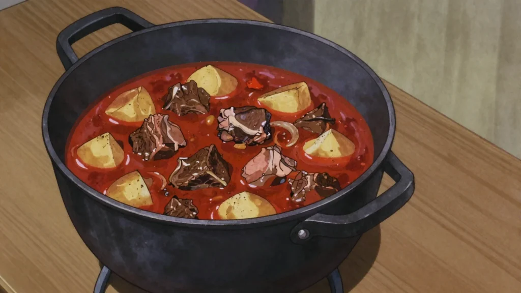 Bograč, prekmurje goulash of three meats and paprika, Slovenia soup & stew, anime style