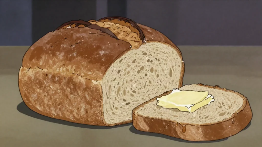 Bohobe ba Sesotho, dense pot-baked bread with a hard crust, cut thick and buttered, Lesotho bread & pastry, anime style