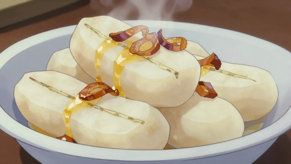 Boiled cassava, boiled cassava root accompanying sauces and grills, Equatorial Guinea salad & side, anime style