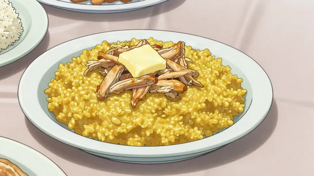 Boko boko harees, chicken slow-cooked with bulgur wheat and turmeric, Burundi main, anime style