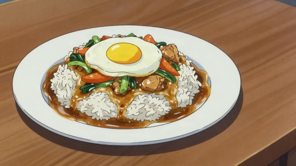 Bol renversé, upside-down bowl of rice, chicken, vegetables and fried egg, Mauritius main, anime style