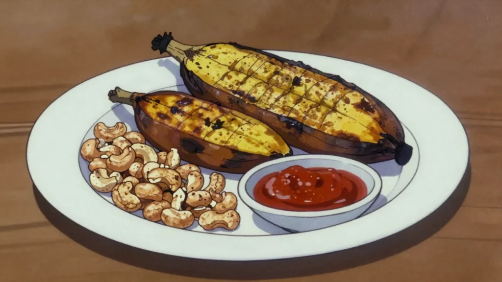 Boli, ripe plantain roasted over coals, eaten with groundnuts or peppered fish, Nigeria street food, anime style