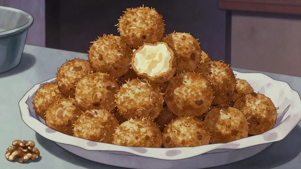 Bolinhos de mandioca, balls of grated fermented cassava fried crisp and sold hot in, Guinea-Bissau street food, anime style