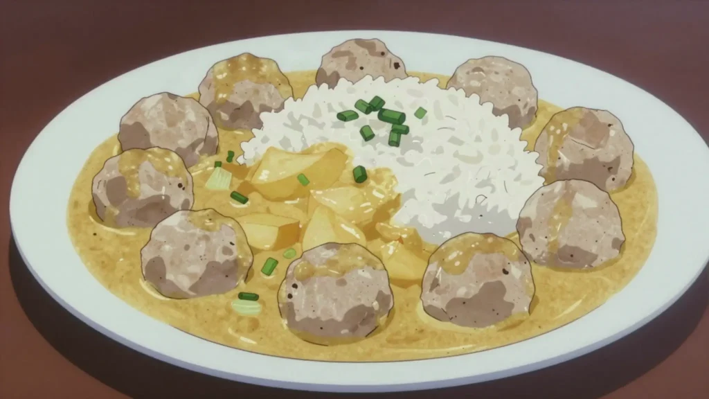 Boller i karry, pork meatballs in a mild curry sauce over rice, Denmark main, anime style