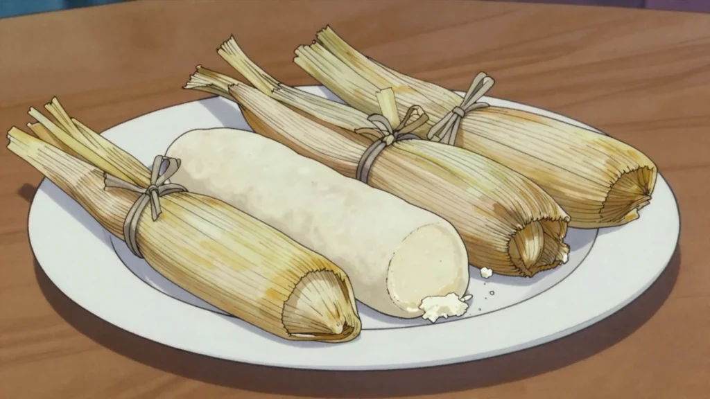 Bollos, boiled corn-dough rolls wrapped in husks, Panama snack, anime style