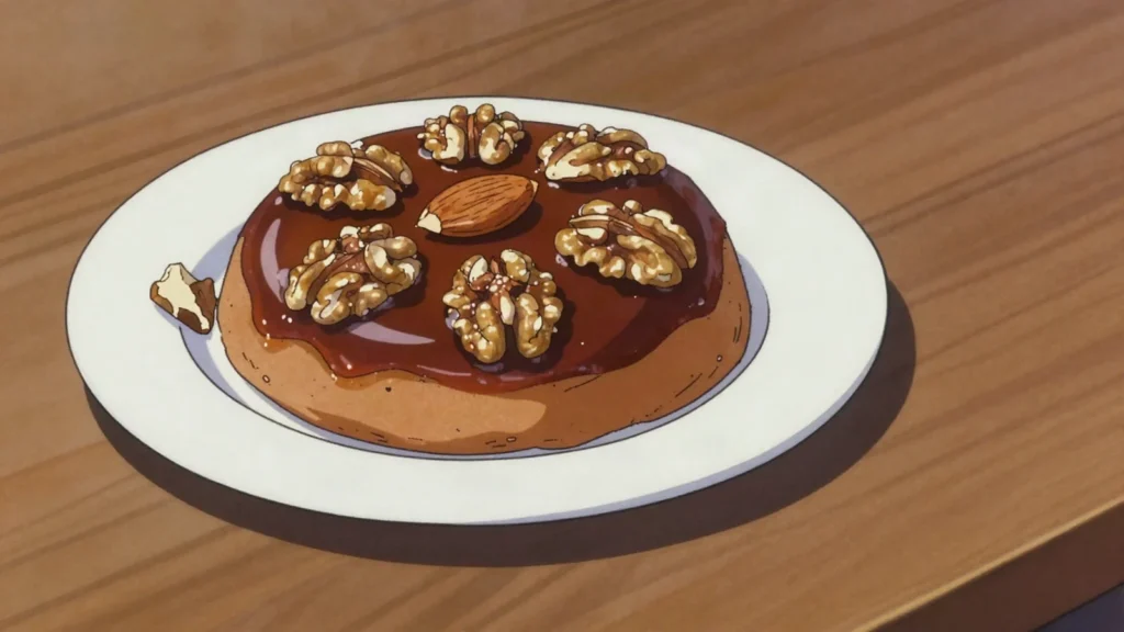 Bolo de mel, dark spiced Madeira cake of sugarcane molasses, nuts and candied peel, broken by, Portugal dessert, anime style