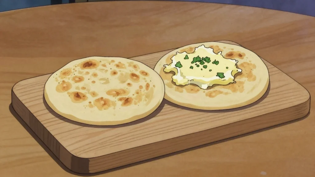 Bolo do caco, round Madeiran flatbread cooked on a stone, split and slathered with, Portugal bread & pastry, anime style