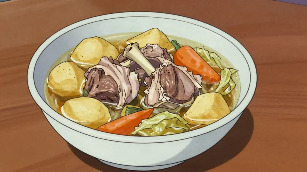 Bonava, lamb braised with onions, potatoes and turnip in light broth, Mauritania soup & stew, anime style
