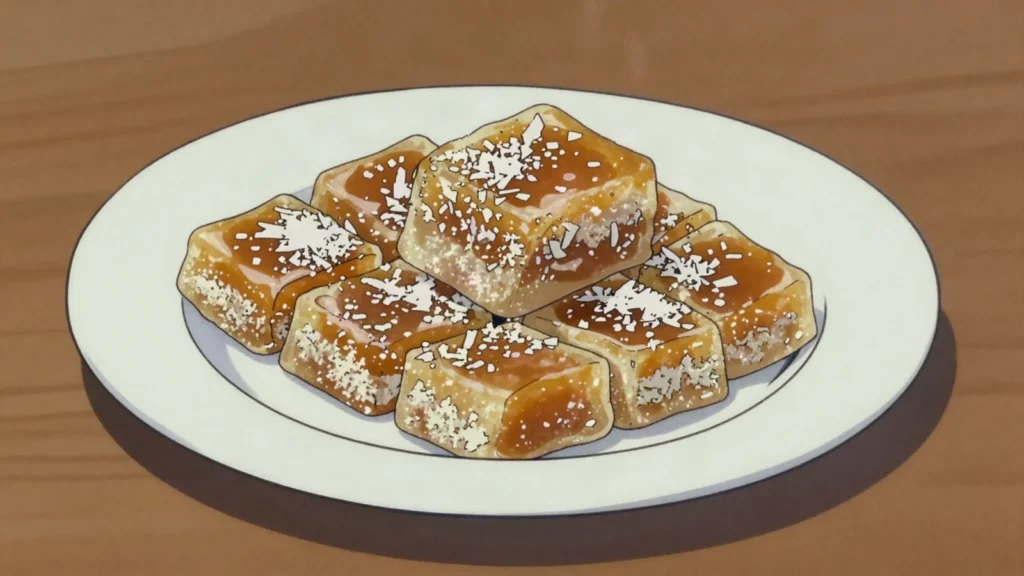Bonbon coco, grated coconut cooked with caramelised sugar and set into chewy squares, Madagascar dessert, anime style