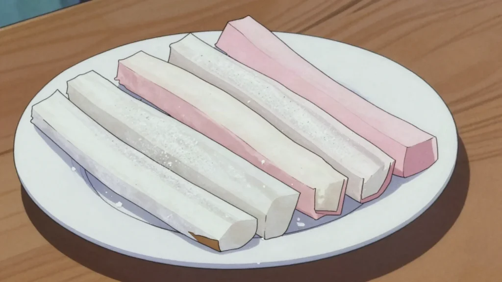Bondi, white sticks of grated coconut cooked with sugar and rolled firm, Maldives snack, anime style