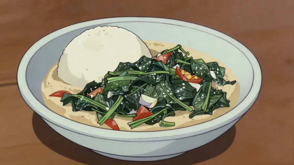 Bondwe, wild amaranth leaves cooked with groundnut paste as relish for nshima, Zambia salad & side, anime style