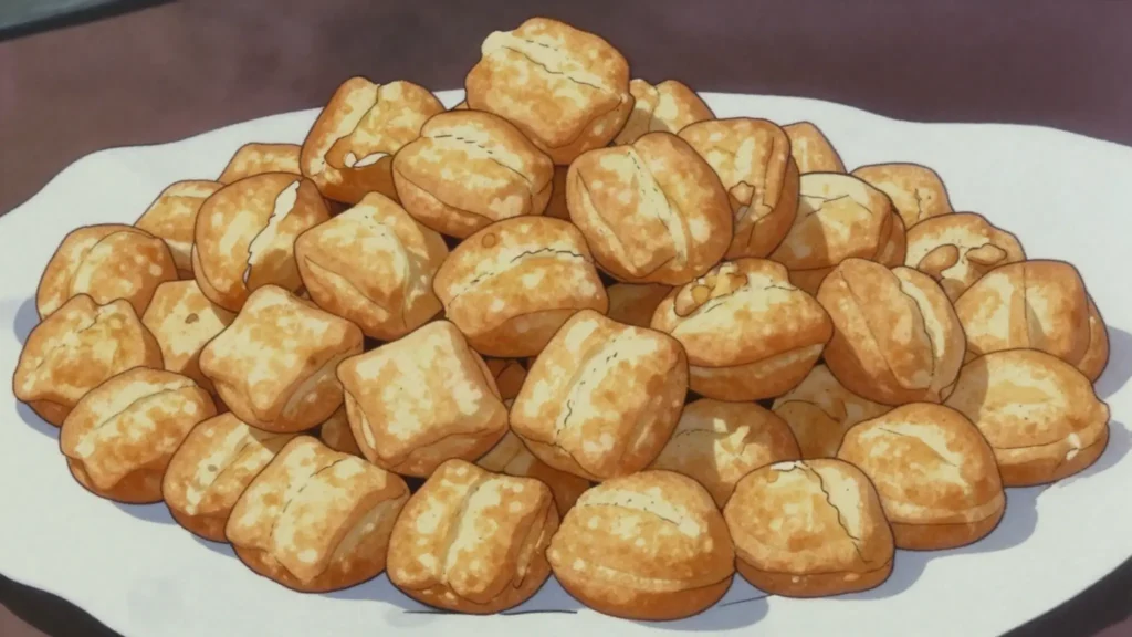 Boorsok, fried dough pillows heaped on the celebration dastorkon, Kyrgyzstan bread & pastry, anime style