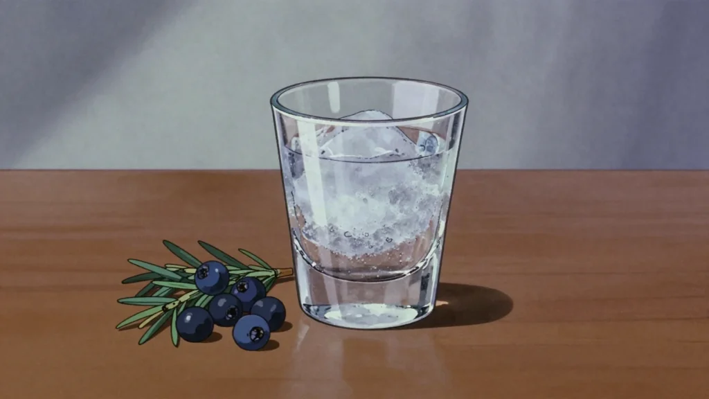 Borovička, clear juniper spirit drunk cold as a shot before a meal, Slovakia wine & spirit, anime style