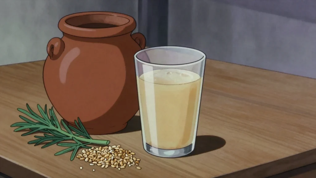Bors acru, sour bran ferment stirred into zeamă and other soups, Moldova fermented & pickled, anime style
