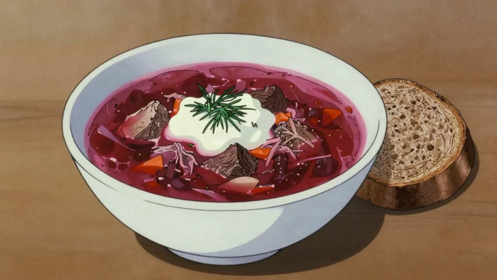 Borscht, beet soup with beef, cabbage, dollop of smetana, Russia soup & stew, anime style