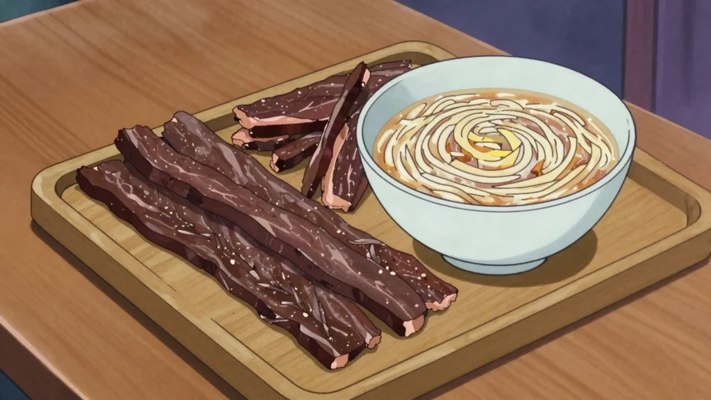 Borts, beef air-dried in strips through winter, then crumbled into soups and stews, Mongolia charcuterie & cured, anime style
