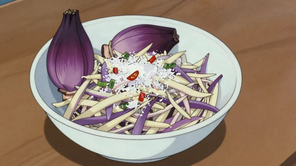 Boshi Mashuni, shredded banana flower with coconut, chilli, onion and lime, Maldives salad & side, anime style
