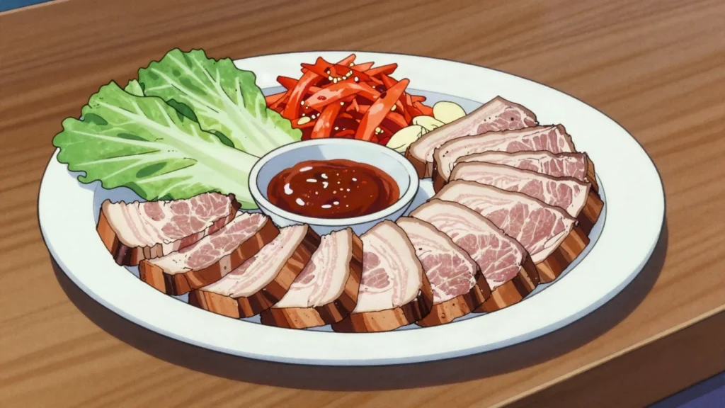 Bossam, boiled pork belly slices wrapped in cabbage leaves with radish salad and ssamjang, South Korea main, anime style