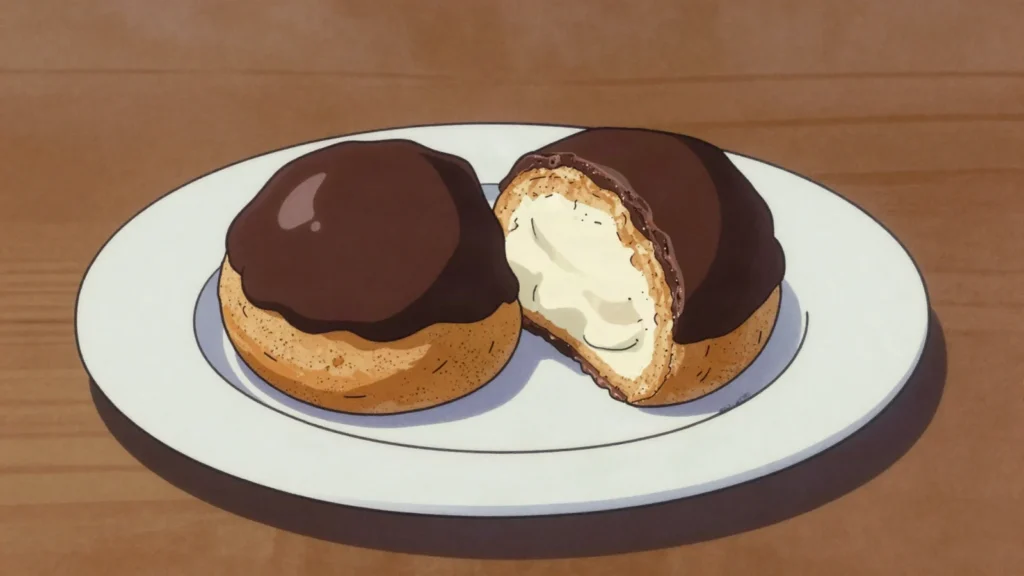 Bossche bol, fist-sized cream-filled choux ball fully coated in dark chocolate, Netherlands dessert, anime style