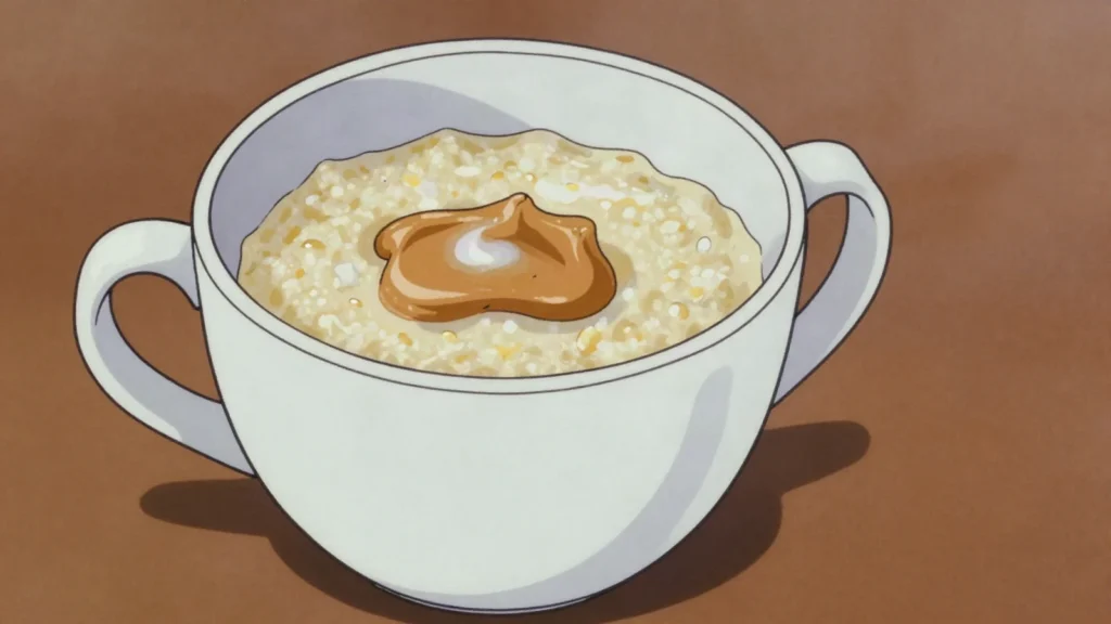 Bota, soft morning porridge stirred with peanut butter or jam, Zimbabwe breakfast, anime style