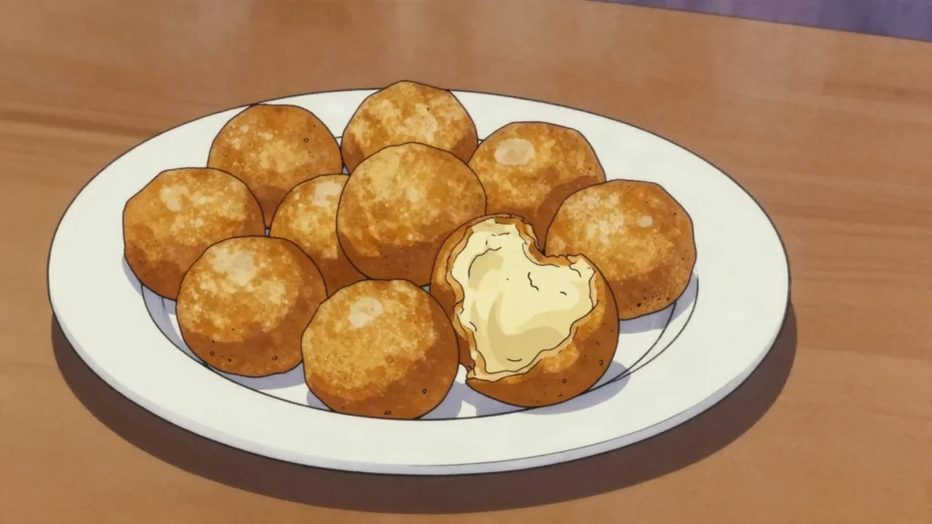 Botokoin, fried balls of sweet wheat dough, crisp outside and soft within, Togo snack, anime style