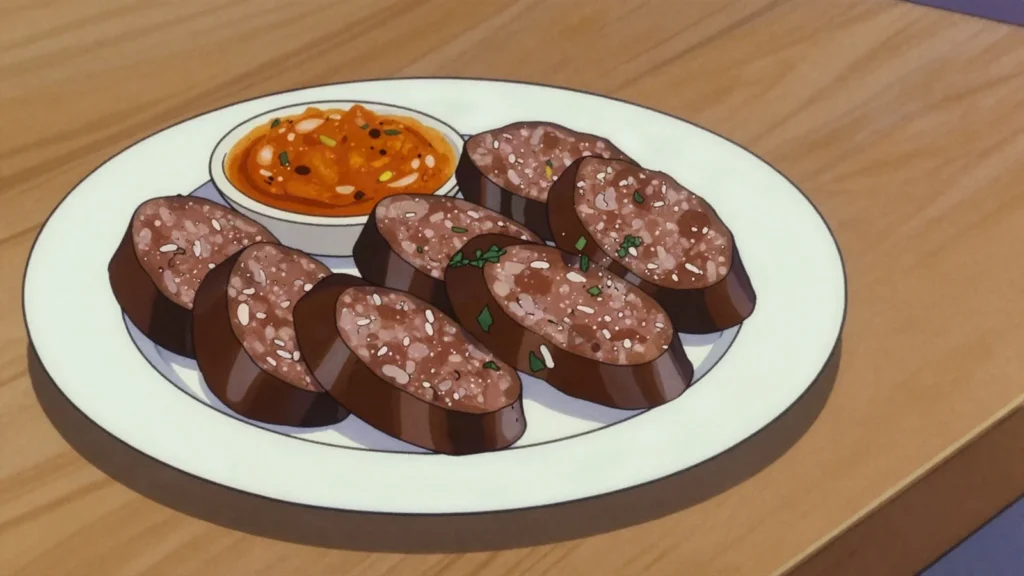 Bouden, creole blood sausage with rice, herbs and hot pepper, sliced hot, Saint Lucia snack, anime style
