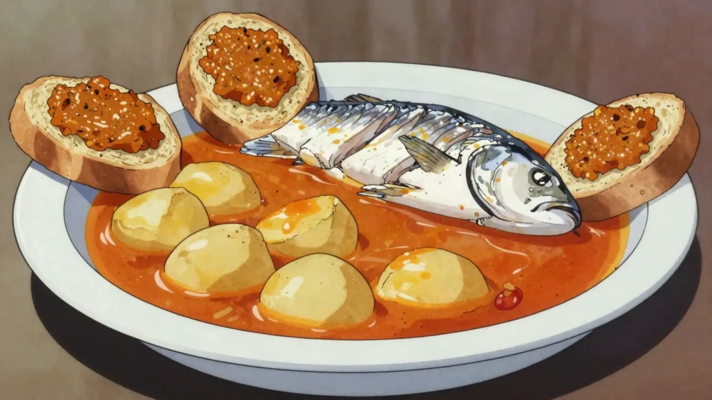 Bouillabaisse, marseille saffron fish stew served with rouille toasts, France soup & stew, anime style