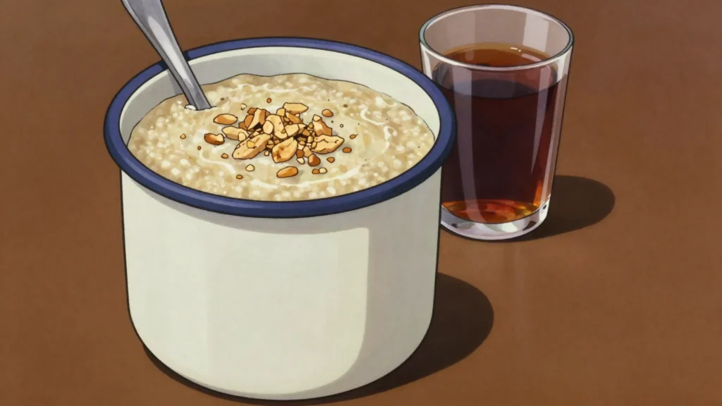 Bouillie, hot millet porridge with milk, sugar and peanut, Chad breakfast, anime style
