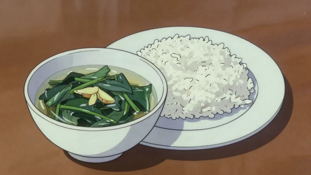 Bouillon brèdes, light greens broth poured over rice, Mauritius soup & stew, anime style