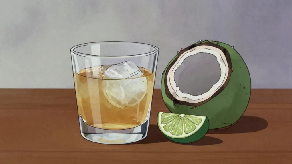 Bounty Rum, sugarcane rum distilled in Lautoka; drunk with cola or coconut water, Fiji wine & spirit, anime style