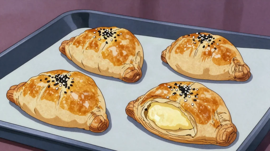 Bourekas, balkan-origin filled puff pastries: cheese, potato or spinach, Israel bread & pastry, anime style