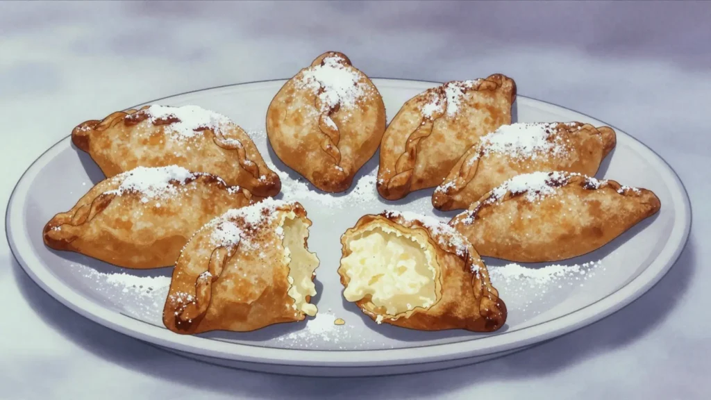 Bourekia tis anaris, fried pastry parcels of sweet anari cheese, dusted with sugar and cinnamon, Cyprus dessert, anime style